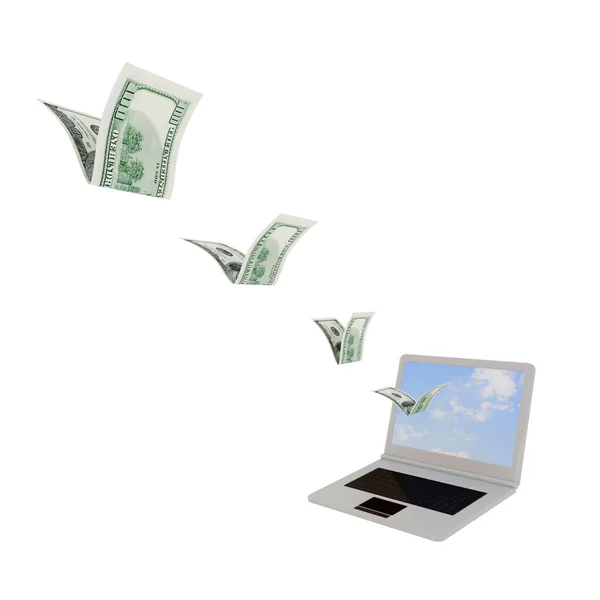 Dollar fliegen durch Laptop-Bildschirm. — Stockfoto