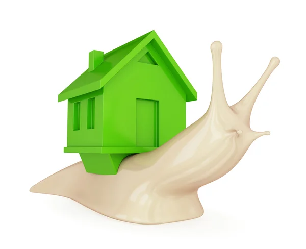 Ένα σαλιγκάρι με ένα πράσινο σπίτι στην πλάτη. — Φωτογραφία Αρχείου