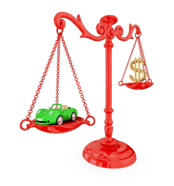 绿色的车和红色的磅秤上的金色美元符号。. — 图库照片