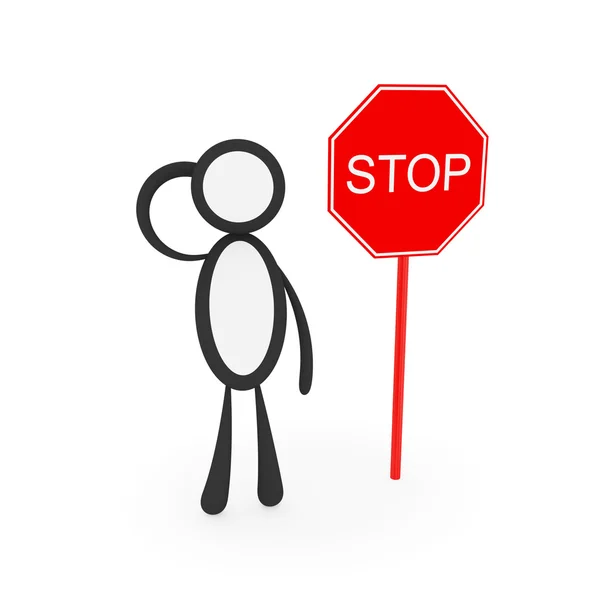 Berpikir orang kecil dekat tanda STOP . — Stok Foto