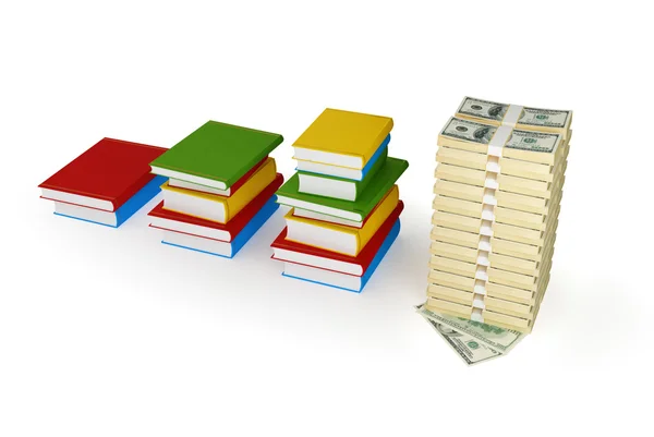 stock image Three stacks of books and large dollar stack.