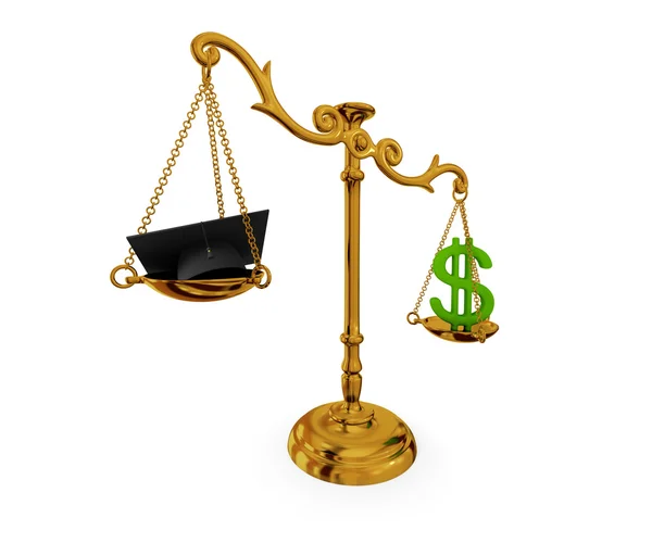 Golden vintage scales with lawyer's hat and dollar sign. — Stock Photo, Image