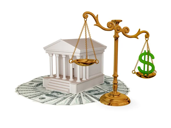 Δικαστήριο, χρήματα, χρυσές κλίμακες με το σύμβολο του δολαρίου. — Φωτογραφία Αρχείου