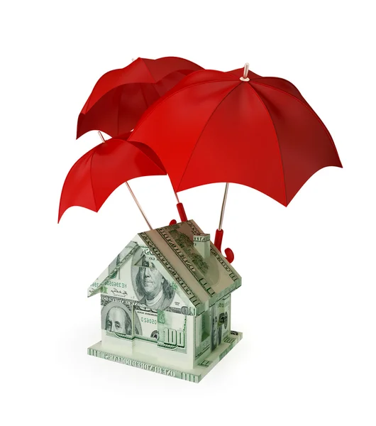 Hus gjorda av pengar under tre röda paraplyer. — Stockfoto