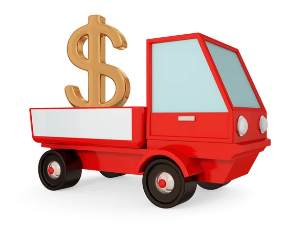 Bir vücutta altın dolar işareti olan kırmızı kamyon. — Stok fotoğraf