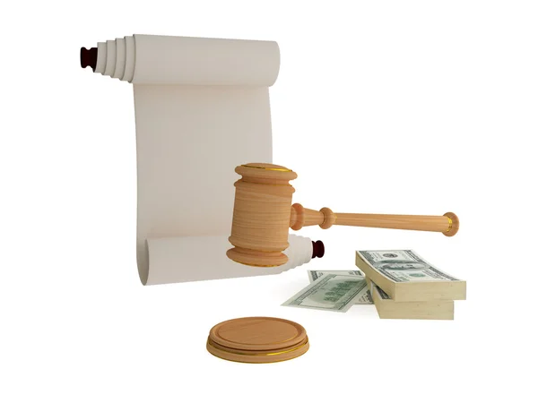 Lawyer's hammer, dollars pack and antique scroll. — Stock Photo, Image
