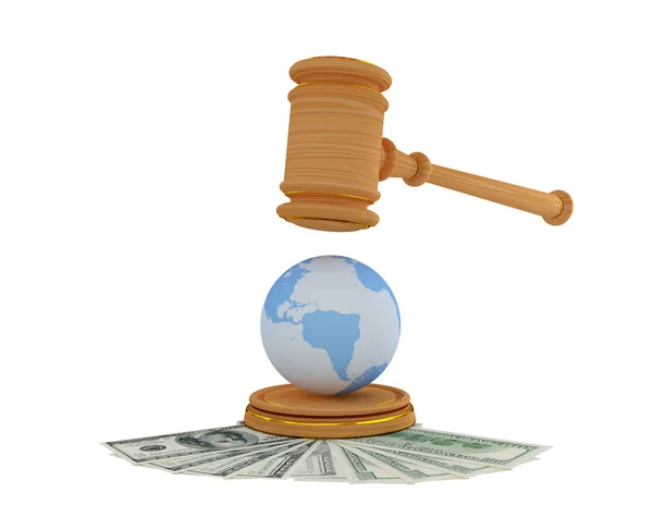 Avukatın çekiç, dolar ve earth modeli. — Stok fotoğraf