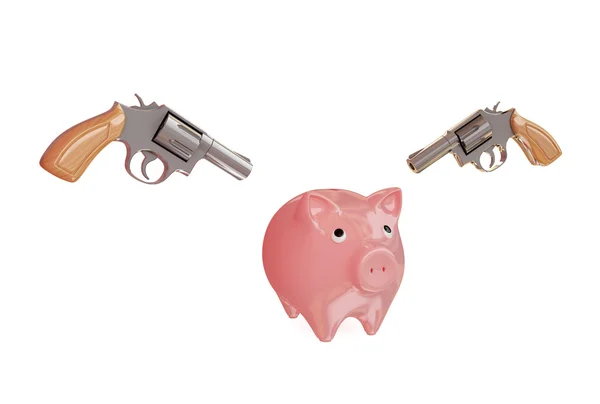 Piggy bank and two revolvers. — Stock Photo, Image
