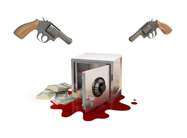 Железный сейф, два револьвера, доллары и кровавая стойка . — стоковое фото