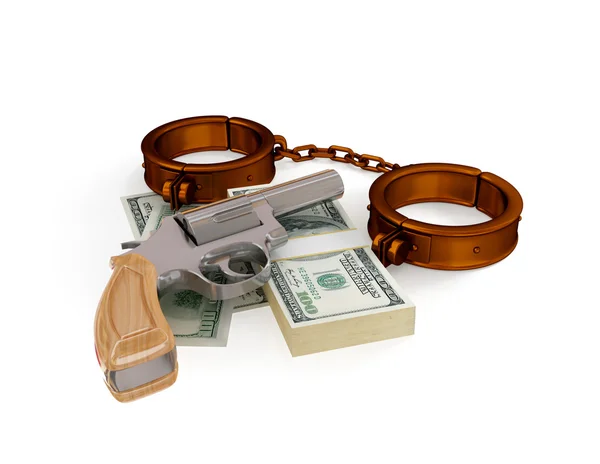 Shackles, revolver and dollar pack — Stock Photo, Image