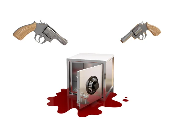 Opened iron safe, two revolvers and bloody stane. — Stock Photo, Image