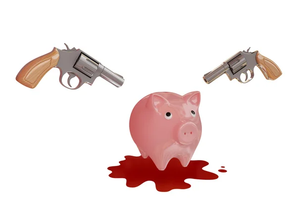 Piggy bank, two revolvers and bloody stain. — Stock Photo, Image