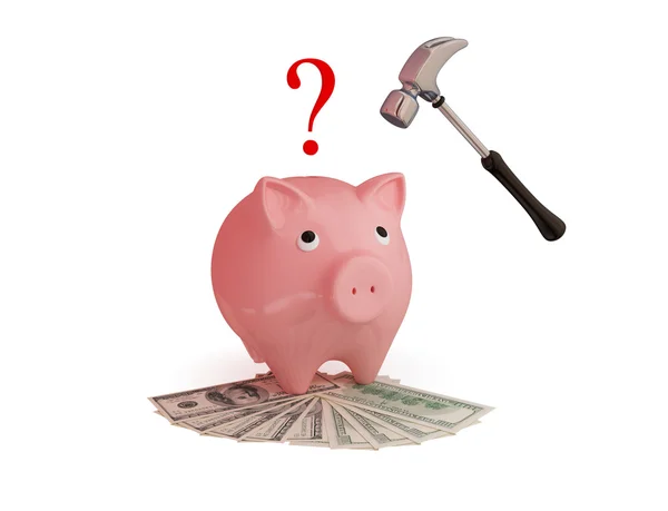 Rózsaszín piggy bank, a kalapács, a pénz és a kérdés jel. — Stock Fotó