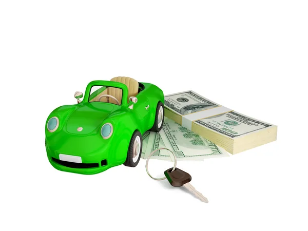 Зеленый автомобиль, ключи и долларовая пачка . — стоковое фото