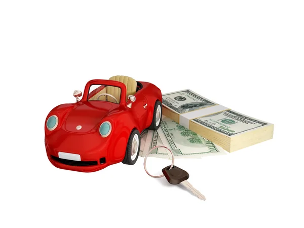 Красная машина, ключи и долларовый пакет . — стоковое фото