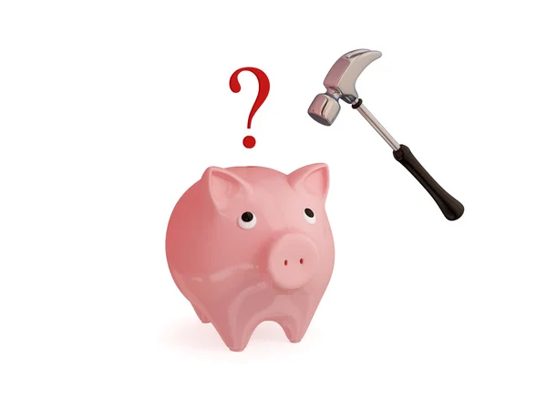 Piggy Bank rosa, martelo e sinal de pergunta . — Fotografia de Stock