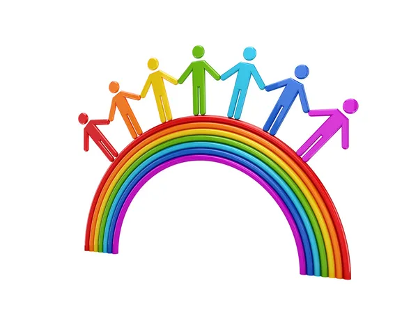 3d small standing on a rainbow. — Stock Photo, Image