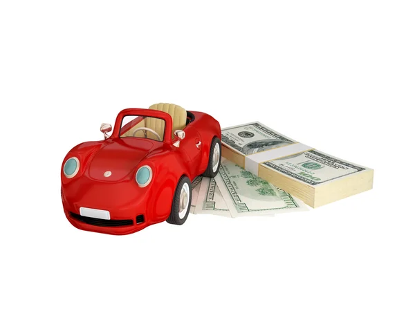 Rotes Auto und Dollarpaket. — Stockfoto
