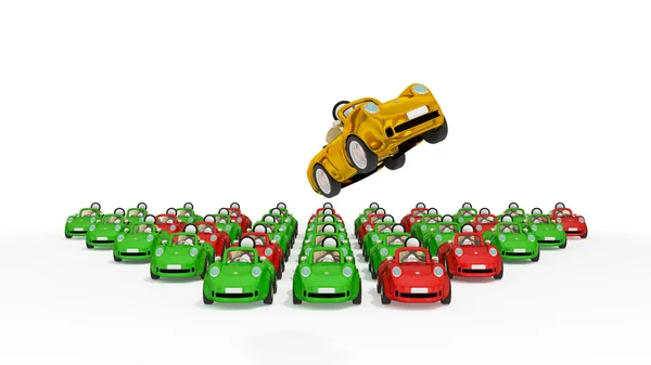 Flying golden car and lots of usual cars. — Stock Photo, Image