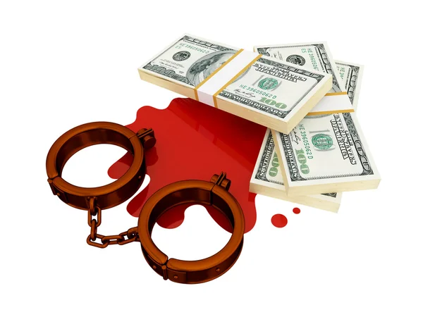 Shackles, dollar pack and bloody stain. — Stock Photo, Image