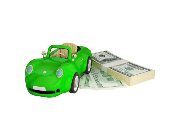 Зеленый автомобиль и долларовый пакет . — стоковое фото