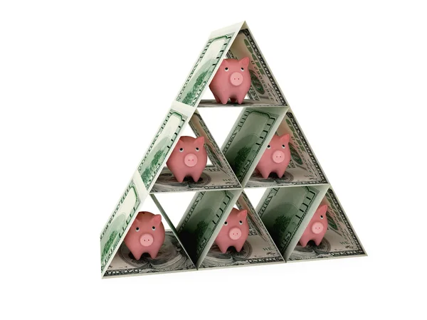 Pyramida z dolarů a růžové Prasátko Bank. — Stock fotografie