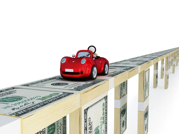 Red car driving on a bridge made of money . — Stock Photo, Image