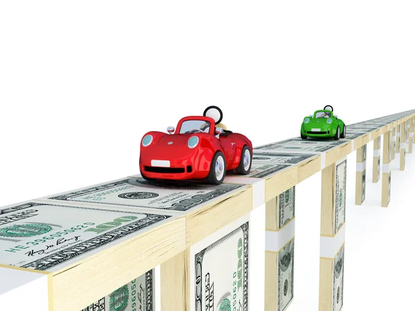 stock image Red and green cars driving on a bridge made of money