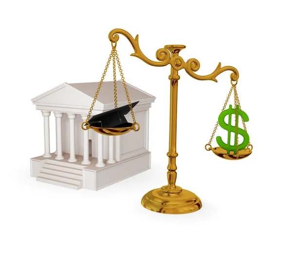 Суд, винтажные весы, знак доллара и адвокатская шляпа . — стоковое фото
