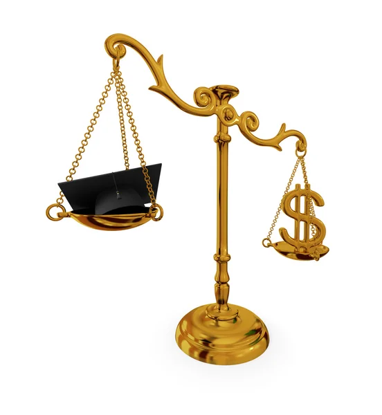 Golden vintage scales with lawyer's hat and dollar sign. — Stock Photo, Image