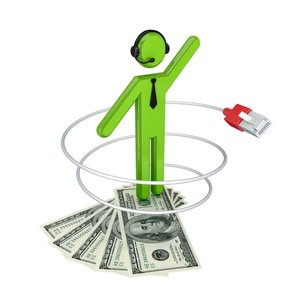 3d small person with a patchcord and dollars. — Stock Photo, Image