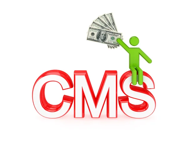 3d small person sitting on a word CMS. — Stock Photo, Image