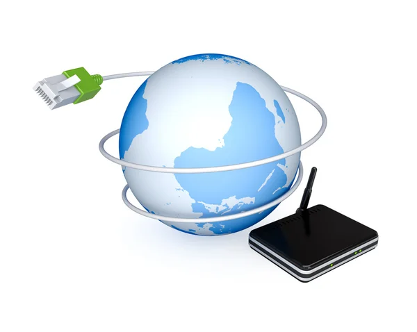 Router, Earth and patchcord. — Stock Photo, Image
