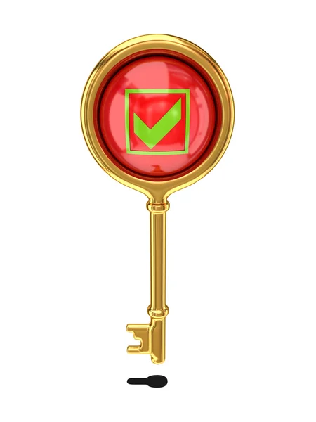 Vintage golden key with a tick mark. — Stock Photo, Image