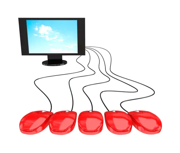 Monitor and five red mouses. — Stock Photo, Image