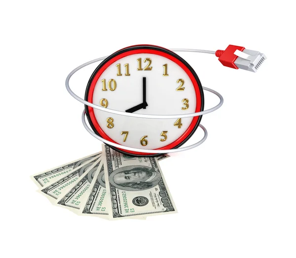 Reloj rojo, dinero y cordón de conexión . — Foto de Stock