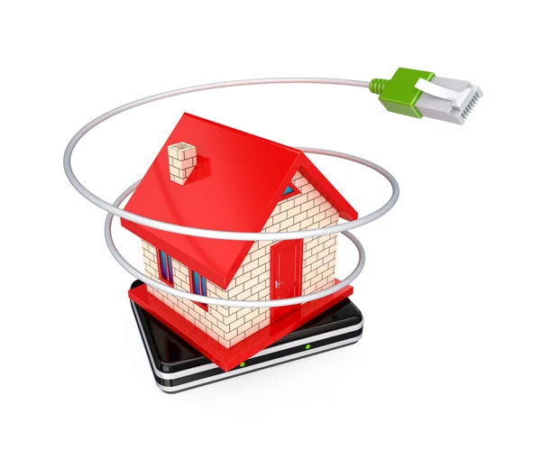 Small house, router and patchcord. — Stock Photo, Image