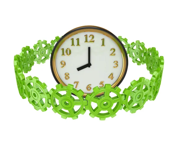 Engrenages verts autour d'une horloge . — Photo