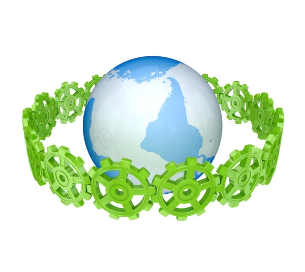 Grüne Zahnräder um die Erde. — Stockfoto
