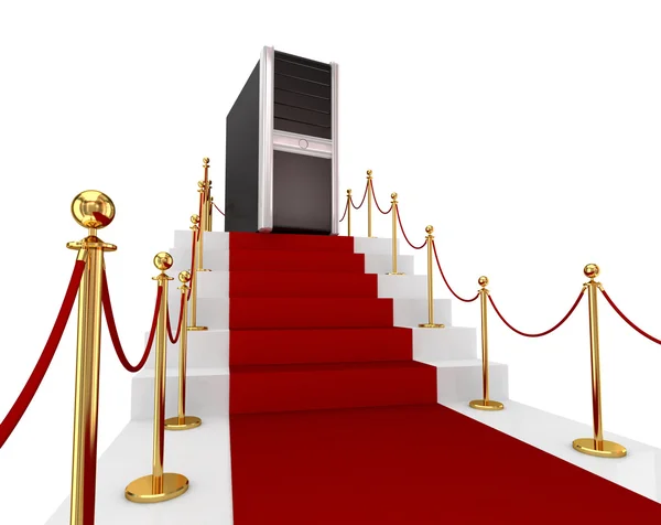 Red carpet on a stairs and PC tower. — Stock Photo, Image