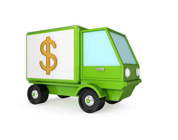 Dolar işareti koyarak bir gövde üzerinde yeşil kamyon. — Stok fotoğraf