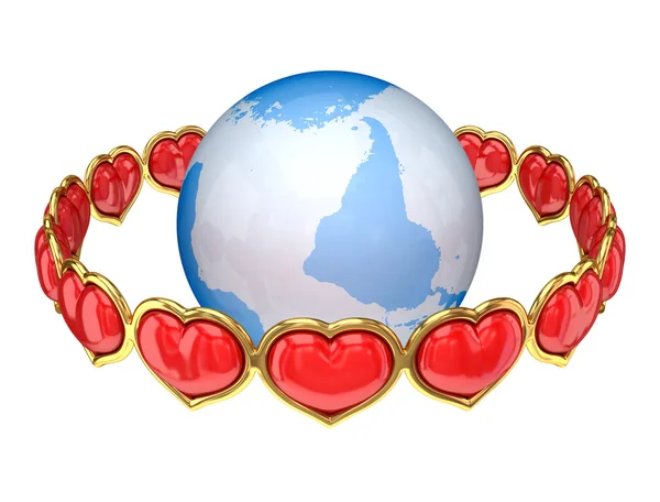 Red hearts around the Earth. — Stock Photo, Image