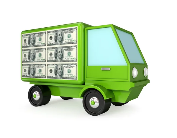 Dolar işareti koyarak bir gövde üzerinde yeşil kamyon. — Stok fotoğraf