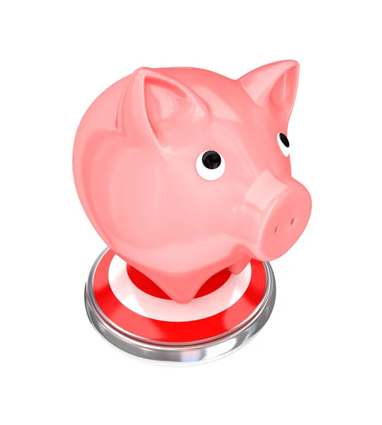 Cute piggy bank stoi wielki cel-guzik. — Zdjęcie stockowe