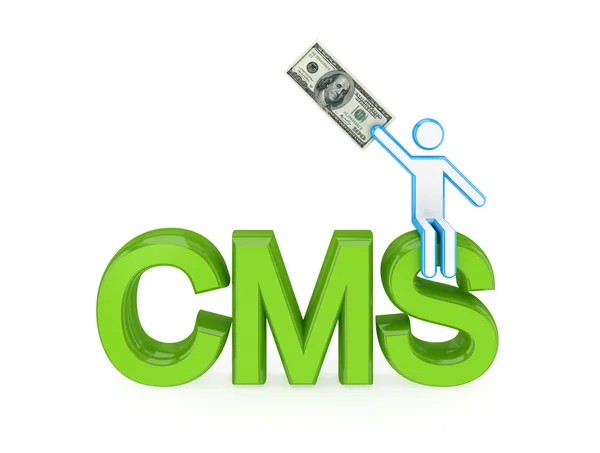 3d small person sitting on a word CMS. — Stock Photo, Image