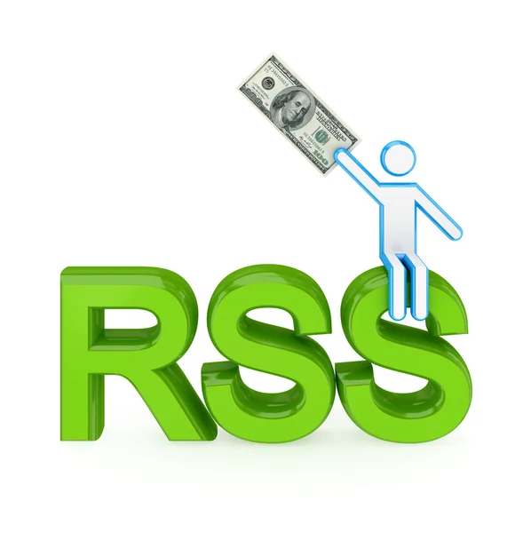 3D-kleine persoon zittend op een woord rss. — Stockfoto