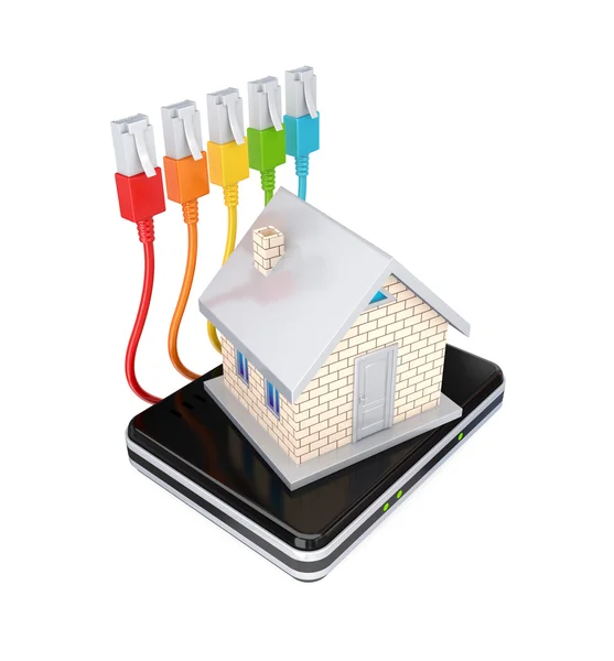 Casa pequena, router e patchcords coloridos — Fotografia de Stock