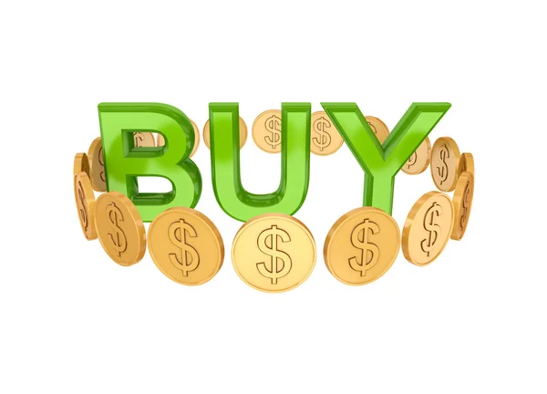 Word BUY and golden coins around. — Stock Photo, Image