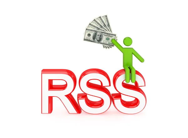 3d small person sitting on a word RSS. — Stock Photo, Image