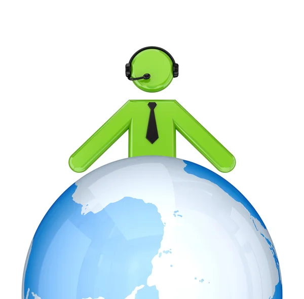 3D małego człowieka ze słuchawkami w pobliżu glob. — Zdjęcie stockowe